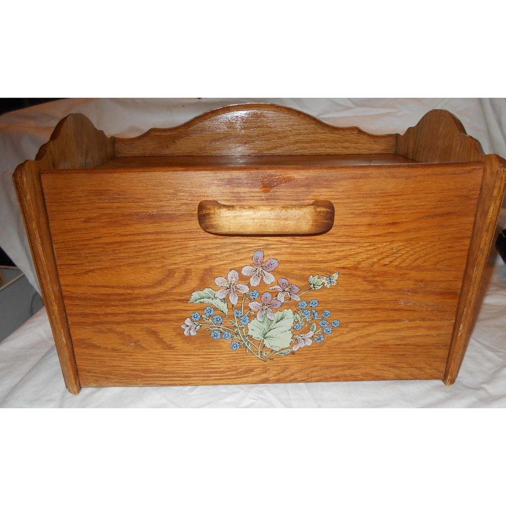 Vintage Oak Wood Bread box painted Flowers Butterfly Cottage Core Granny Excelle